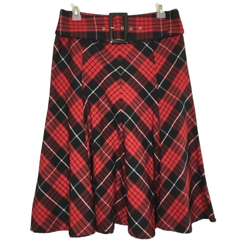 VINTAGE TRACY EVANS BELTED PLAID CIRCLE MIDI SKIRT Grunge